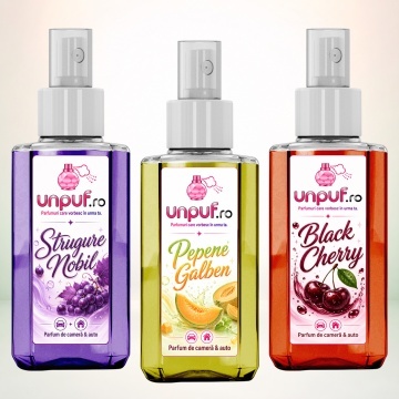 Set 3 Odorizante auto si casa Unpuf, Arome Black Cherry Pepene Galben Strugure Nobil, cu pulverizator, improspatare aer si parfum de durata, 3x75 ml