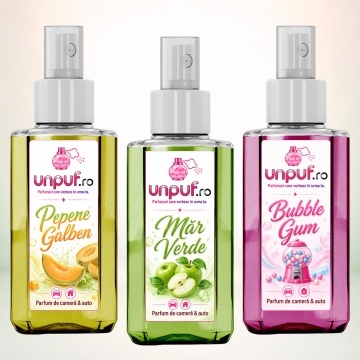Set 3 Odorizante auto si casa Unpuf, Arome Bubble Gum Mar Verde Pepene Galben, cu pulverizator, improspatare aer si parfum de durata, 3x75 ml