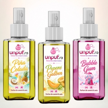 Set 3 Odorizante auto si casa Unpuf, Arome Bubble Gum Pepene Galben Pina Colada, cu pulverizator, improspatare aer si parfum de durata, 3x75 ml