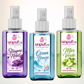 Set 3 Odorizante auto si casa Unpuf, Arome Mar Verde Ocean Breeze Strugure Nobil, cu pulverizator, improspatare aer si parfum de durata, 3x75 ml