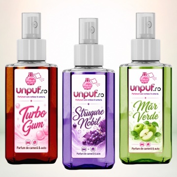 Set 3 Odorizante auto si casa Unpuf, Arome Mar Verde Strugure Nobil Turbo Gum, cu pulverizator, improspatare aer si parfum de durata, 3x75 ml
