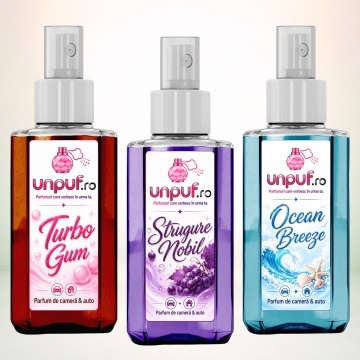 Set 3 Odorizante auto si casa Unpuf, Arome Ocean Breeze Strugure Nobil Turbo Gum, cu pulverizator, improspatare aer si parfum de durata, 3x75 ml
