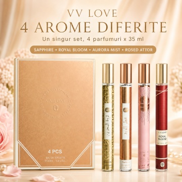 Set 4 Parfumuri Irezistibile V.V. Love 35 ml, Sapphire, Royal Bloom, Aurora Mist, Rosed Attor, set cadou, pentru Femei - Img 2