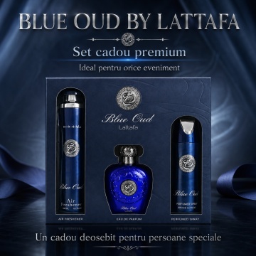 Set Cadou Lattafa Blue Oud 3 Piese, Eau de Parfum 100 ml + Spray Parfumat 200 ml + Odorizant Cameră 300 ml, Parfum Arabesc Unisex, Oud, Șofran, Mosc și Lemn de Santal