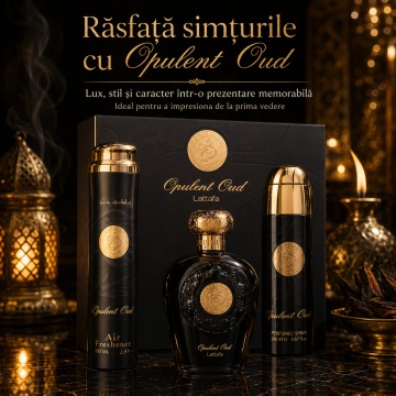 Set Cadou Lattafa Opulent Oud 3 Piese, Eau de Parfum 100 ml + Spray Parfumat 200 ml + Air Freshener 300 ml, Parfum Arabesc Unisex cu Oud, Ambră și Vanilie - Img 2