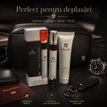 Set Chevalier 2x35 ml, Apă de Toaletă Bărbat 35 ml + Body Lotion 35 ml, Set Cadou Masculin, Aromă Elegantă, Proaspătă, Aromatică și Lemnoasă, Format Compact pentru Borsetă, Birou, Mașină și Călătorii - Img 4