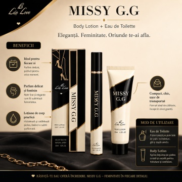 Set Missy G.G 2x35 ml, Apă de Toaletă Damă 35 ml + Body Lotion 35 ml, Aromă Dulce Florală, Cald Condimentată, Vanilată și Ambrată, Note de Migdale, Cafea, Bergamotă, Lămâie, Tuberoză, Iasomie Sambac, Floare de Portocal, Trandafir Bulgăresc, Iris, Tonka, C - Img 6