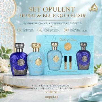 Set Parfum Lattafa Opulent Collection Dubai & Blue Oud Elixir, 2 x 100 ml Eau de Parfum Unisex, 2 mostre fiolă , cutie cadou premium, arome orientale - Img 10