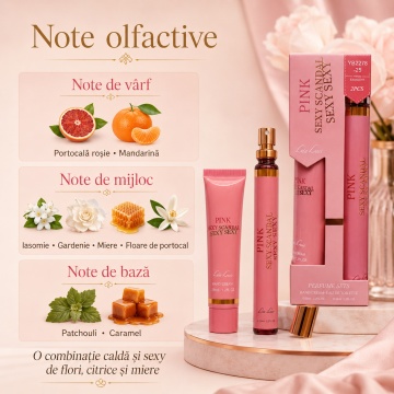 Set Parfum și Cremă de Mâini Pink Sexy Scandal Lea Luis 2x35 ml, Damă, Aromă Floral Citrică cu Miere, Note de Portocală Roșie, Mandarină, Iasomie, Gardenie, Caramel și Patchouli - Img 6
