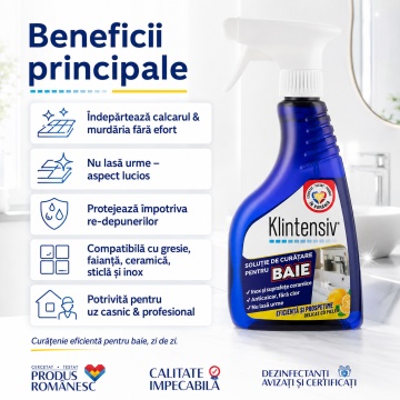 Soluție curățare baie Klintensiv, anticalcar, îndepărtează urme de apă și murdărie, protecție împotriva redepunerilor, pentru gresie, faianță, ceramică, cabine duș, baterii sanitare, 500 ml, 4x Stickere - Img 2