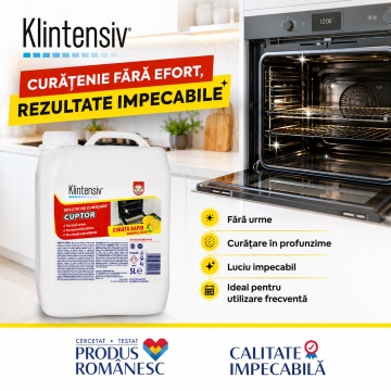 Soluție curățare cuptor Klintensiv, degresant profesional pentru grăsime arsă și depuneri carbonizate, pentru cuptoare, plite, tăvi, grătare și inox, 5 L, 4x Stickere - Img 5