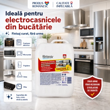 Soluție curățare electrocasnice Klintensiv, spray profesional pentru grăsime, pete și amprente, fără urme, pentru frigider, hotă, plită, cuptor, inox, crom, sticlă și plastic, 5 L, 4x Stickere - Img 5