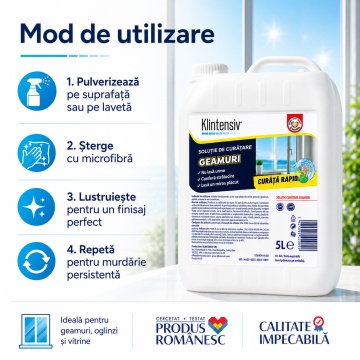 Soluție curățare geamuri Klintensiv, spray profesional pentru sticlă, oglinzi, vitrine și suprafețe lucioase, uscare rapidă, efect antistatic, fără urme, 5 L, 4x Stickere - Img 5