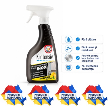 Soluție curățare inox Klintensiv, fără clătire, pentru inox lucios, mat și periat, îndepărtează grăsimea, murdăria și amprentele, finisaj fără urme, 500 ml, 4x Stickere