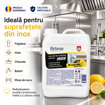 Soluție curățare inox Klintensiv, fără clătire, pentru inox lucios, mat și periat, îndepărtează grăsimea, murdăria și amprentele, finisaj fără urme, 5 L, 4x Stickere - Img 5