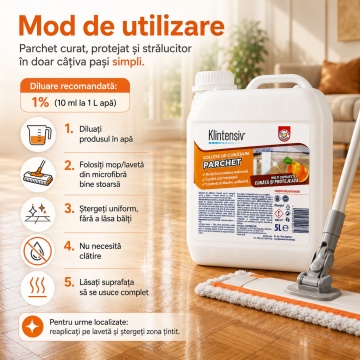 Soluție curățare parchet Klintensiv, detergent profesional concentrat pentru parchet lăcuit, protecție și strălucire naturală, fără clătire, diluție 1%, canistră, 5 L, 4x Stickere - Img 3