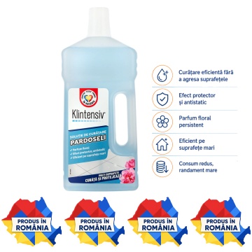 Soluție curățare pardoseli Klintensiv, detergent parfumat concentrat, fără clătire, pentru ceramică, porțelan, marmură, granit, piatră naturală, mozaic, linoleum, PVC și laminate lavabile, 1 L, 4x Stickere