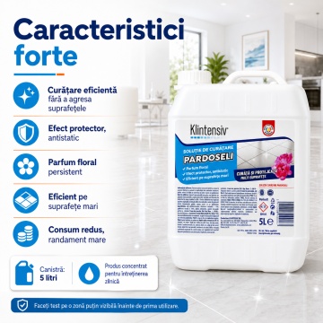 Soluție curățare pardoseli Klintensiv, detergent profesional concentrat, parfum persistent, fără clătire, pentru pardoseli lavabile, ceramică, piatră naturală, PVC și spații comerciale, 5 L, 4x Stickere - Img 3