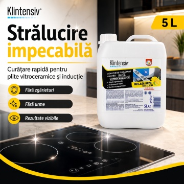 Soluție curățare plită vitroceramică Klintensiv, pentru plite cu inducție și sticlă ceramică, îndepărtează grăsimea arsă și petele persistente, finisaj fără urme, protecție împotriva depunerilor, 5 L, 4x Stickere - Img 5