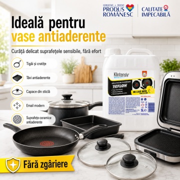 Soluție curățare teflon Klintensiv, pentru vase antiaderente, tigăi, cratițe și tăvi, curățare delicată fără zgâriere, îndepărtează grăsimea și resturile alimentare, 5 L, 4x Stickere - Img 5