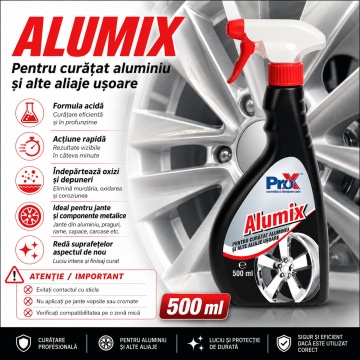 Soluție curățat aluminiu PRO X Alumix, pentru aluminiu și aliaje ușoare, acțiune rapidă, îndepărtează oxizi, praf de frână și impurități, pentru jante, ornamente și componente auto, 500 ml, 4x Stickere - Img 6