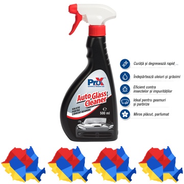 Soluție curățat geamuri auto PRO X Auto Glass Cleaner, pentru sticlă, parbriz și oglinzi, curățare și degresare interior/exterior, miros plăcut, fără urme, 500 ml, 4x Stickere