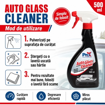 Soluție curățat geamuri auto PRO X Auto Glass Cleaner, pentru sticlă, parbriz și oglinzi, curățare și degresare interior/exterior, miros plăcut, fără urme, 500 ml, 4x Stickere - Img 6