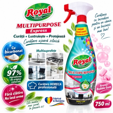 Solutie curatat Multipurpose cu Bicarbonat Royal Hygiene, Soluție Multisuprafețe Fără Clătire, Nu Lasă Urme, 97% Ingrediente de Origine Naturală, Ecofriendly, Bubble Gum Parfume, HoReCa, Fabricat în România, 750 ml