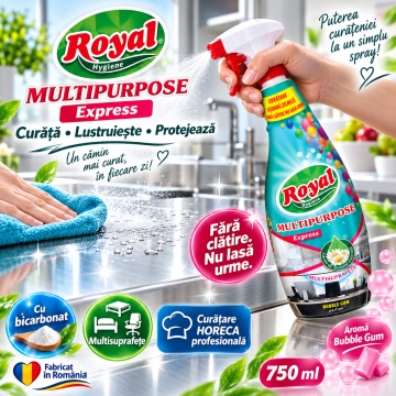 Solutie curatat Multipurpose cu Bicarbonat Royal Hygiene, Soluție Multisuprafețe Fără Clătire, Nu Lasă Urme, 97% Ingrediente de Origine Naturală, Ecofriendly, Bubble Gum Parfume, HoReCa, Fabricat în România, 750 ml - Img 6