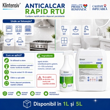 Soluție profesională anticalcar Klintensiv Anticalcar Rapid RTU, pentru baie, bucătărie, inox, email, ceramică și suprafețe sanitare, acțiune rapidă, parfum plăcut, canistră 5 L, 4x Stickere - Img 3