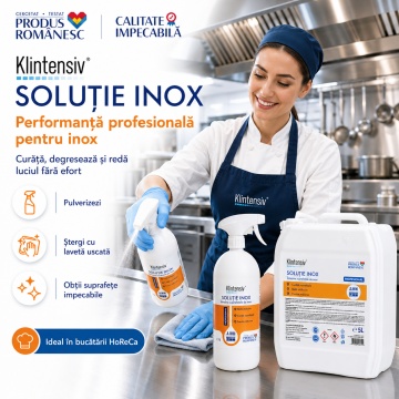 Soluție profesională curățare inox Klintensiv, pentru suprafețe metalice, echipamente HoReCa și utilaje, degresare rapidă, luciu de oglindă, biodegradabilă, canistră 5 L, 4x Stickere - Img 5
