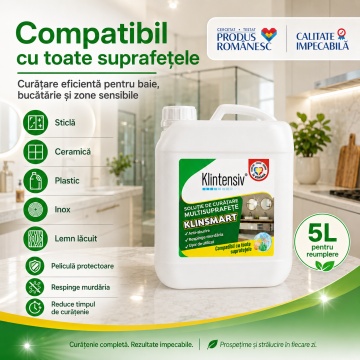 Soluție profesională de curățare Klintensiv KlinSmart, efect remanent, peliculă protectoare, anticalcar, degresant, antiaburire, baie și bucătărie, 5 L, pulverizator, 4x Stickere - Img 6