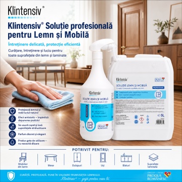 Soluție profesională pentru Lemn și Mobilă Klintensiv, curățare, protecție și luciu, efect antistatic, pentru mobilier, uși și suprafețe laminate, canistră 5 L, 4x Stickere - Img 3