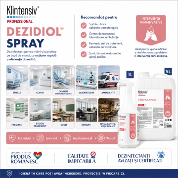 Spray dezinfectant igienic pentru mâini și piele Dezidiol Klintensiv Profesional, cu 2 alcooli și clorhexidină, bactericid, levuricid, virucid și micobactericid, testat dermatologic, 1 L, 4x Stickere - Img 6