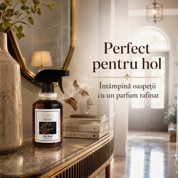 Spray Odorizant Loris Pafum Oud Wood, 500 ml, pentru Cameră, Hol, Baie și Auto, Aromă Lemnoasă de Oud - Img 3