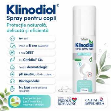 Spray repelent copii Klinodiol, anti țânțari, fără DEET, cu Citridiol 13%, protecție până la 8 ore, pH neutru, testat dermatologic, biodegradabil, 100 ml, 4x Stickere - Img 2