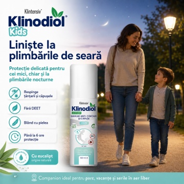 Spray repelent copii KlinodioL Kids, anti țânțari și căpușe, formulă naturală cu Citriodiol 5%, fără DEET, protecție până la 6 ore, pentru copii peste 6 luni, aviz biocid, 100 ml, 4x Stickere - Img 5