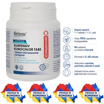 Tablete dezinfectante Klintensiv Klinochlor Tabs, pe bază de clor activ, pentru industria alimentară, HoReCa, suprafețe dure, veselă și ustensile, 75 tablete, 4x Stickere