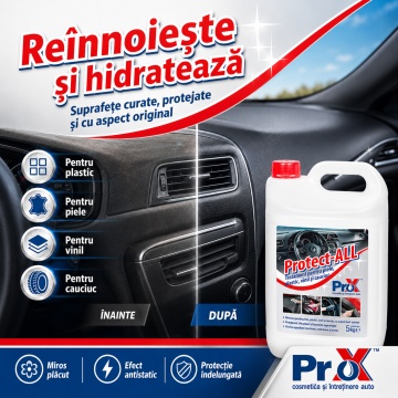 Tratament auto PRO X Protect-ALL, dressing pentru piele, plastic, vinil și cauciuc, efect antistatic, aspect mat satinat, protecție UV, hidratare și reînnoire suprafețe auto, 5 L, 4x Stickere - Img 6