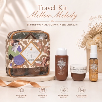 Travel Kit V.V. Love Mellow Melody, Set Damă cu Body Mist 40 ml, Shower Gel 90 ml și Body Cream 50 ml