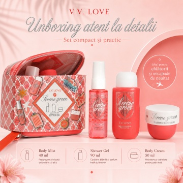 Travel Kit V.V. Love Serene Grove, Set Damă cu Body Mist 40 ml, Shower Gel 90 ml și Body Cream 50 ml - Img 6