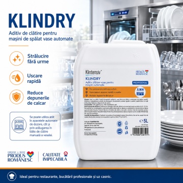 Aditiv profesional de clătire Klintensiv KLINDRY, pentru mașini automate de spălat vase, pahare, tacâmuri și veselă, anti-calcar, biodegradabil, fără parfum, canistră 5 L, 4x Stickere - Img 2