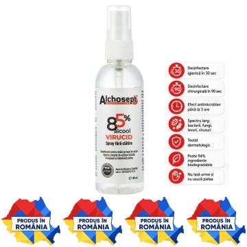 Alchosept dezinfectant mâini și piele, lichid hidroalcoolic cu 85% etanol, bactericid, levuricid, fungicid, virucid și micobactericid, fără clătire, 100 ml, 4x Stickere