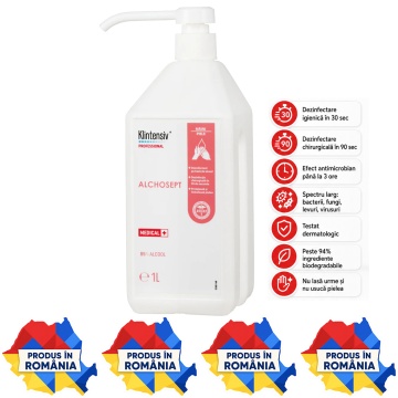 Alchosept dezinfectant profesional mâini și piele, hidroalcoolic, 85% etanol, dezinfectare igienică în 30 secunde și chirurgicală în 90 secunde, 1 L, 4x Stickere