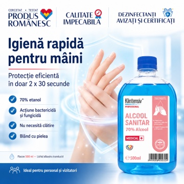 Alcool sanitar 70% Klintensiv Professional, dezinfectant pentru mâini și suprafețe, etanol 70%, acțiune rapidă, fără clătire, bactericid, levuricid și fungicid, aviz biocid, 500 ml, 4x Stickere - Img 3