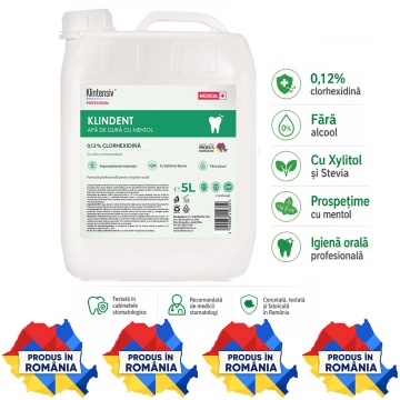 Apă de gură KLINDENT profesională, fără alcool, cu clorhexidină 0,12%, xylitol, stevia și mentol, pentru cabinete stomatologice, clinici și reumplere, canistră 5 L, 4x Stickere