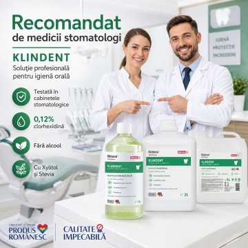 Apă de gură KLINDENT profesională, fără alcool, cu clorhexidină 0,12%, xylitol, stevia și mentol, pentru cabinete stomatologice, clinici și reumplere, canistră 5 L, 4x Stickere - Img 3