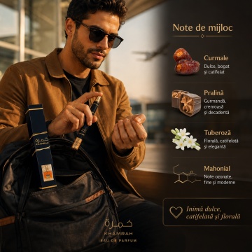 Apă de Parfum Khamrah Lattafa 35 ml, Unisex, Aromă Oriental Dulce, Format Compact, Note de Scorțișoară, Nucșoară, Bergamotă, Curmale, Pralină, Vanilie, Tonka și Amberwood - Img 11