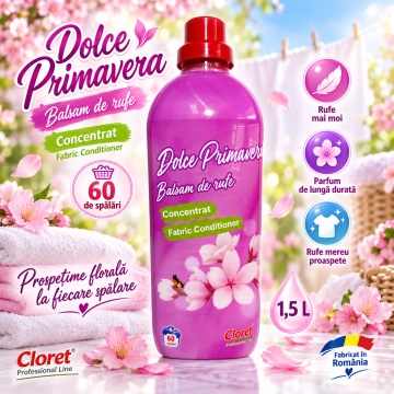 Balsam de Rufe Concentrat Cloret Dolce Primavera, Fabric Conditioner, 60 Spălări, Parfum Floral, Fabricat în România, 1.5L