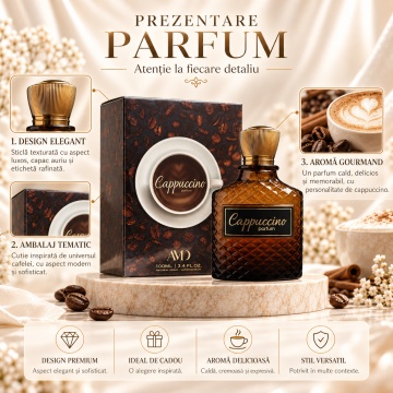 Prezentare Cappuccino AMD Perfumes cu flacon cutie cafea și detalii gurmande
